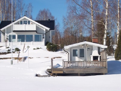 Sauna and house seen from the lake